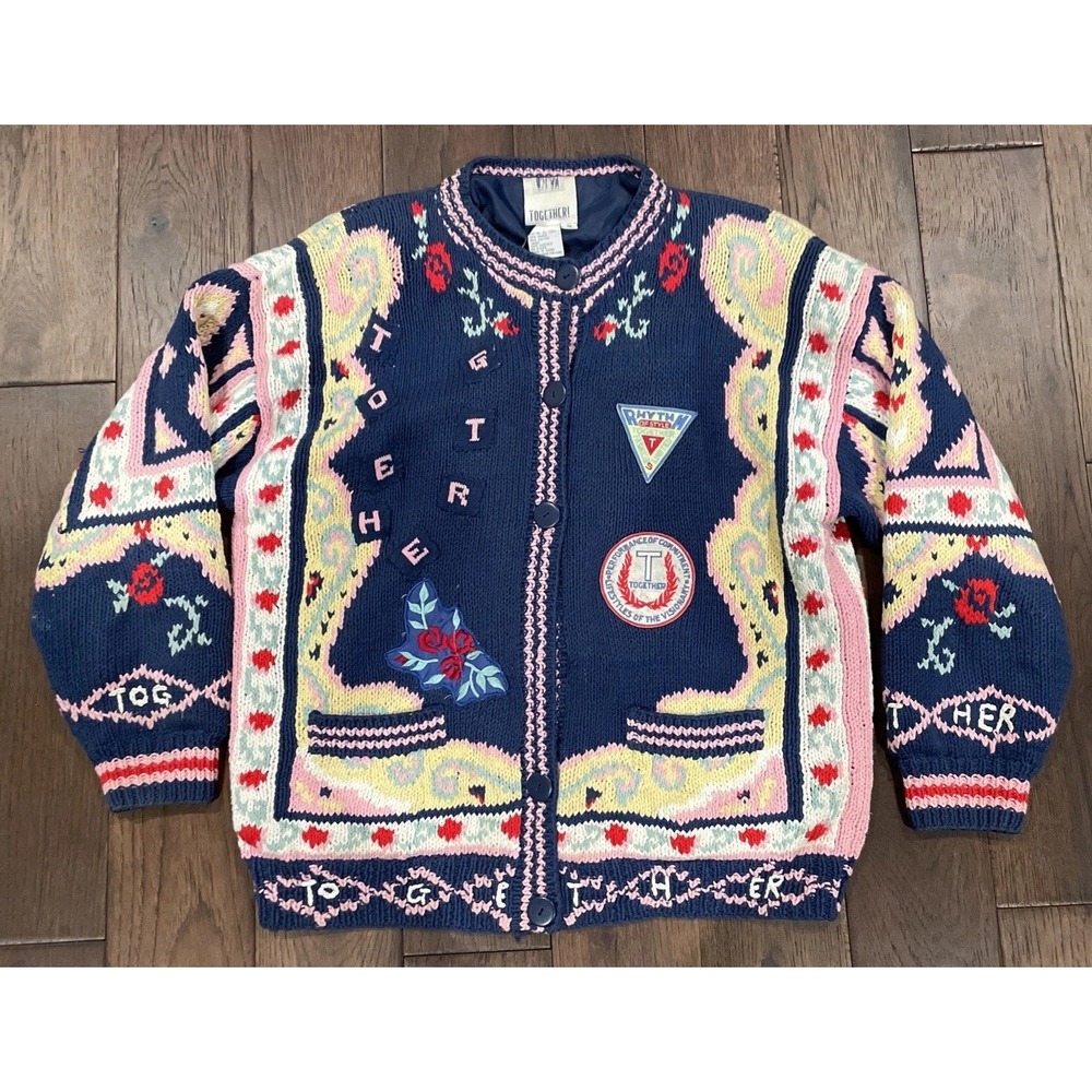 Vintage 90's Knit Cardigan Sweater Size Medium Floral Cottage Together Heavy